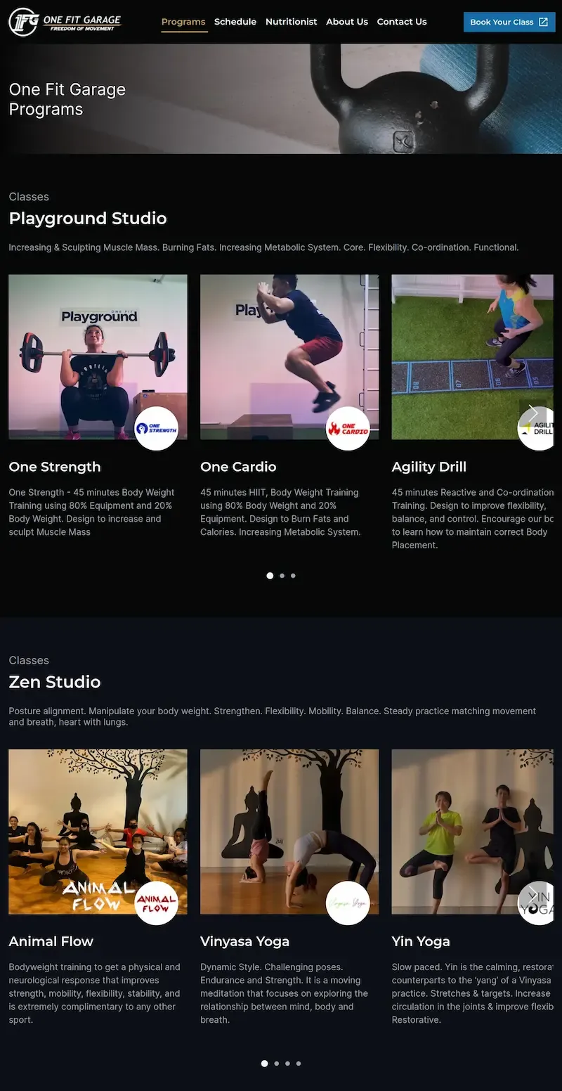 A screenshot of the Programs page of One Fit Garage's website shows various classes of the Playground and Zen studios.